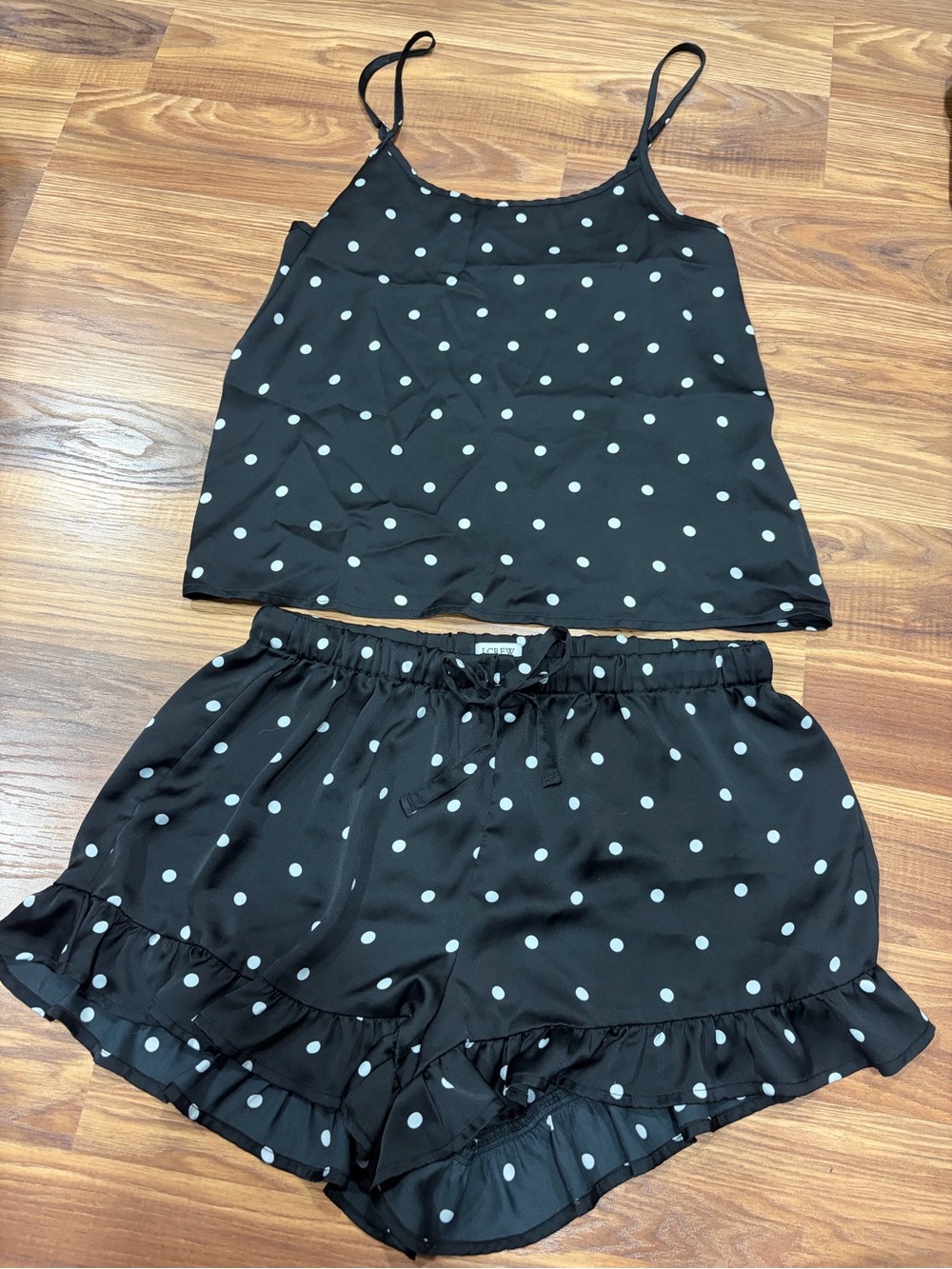 Polka Dot Satin Cami & Ruffle Short Sleep Set - Black